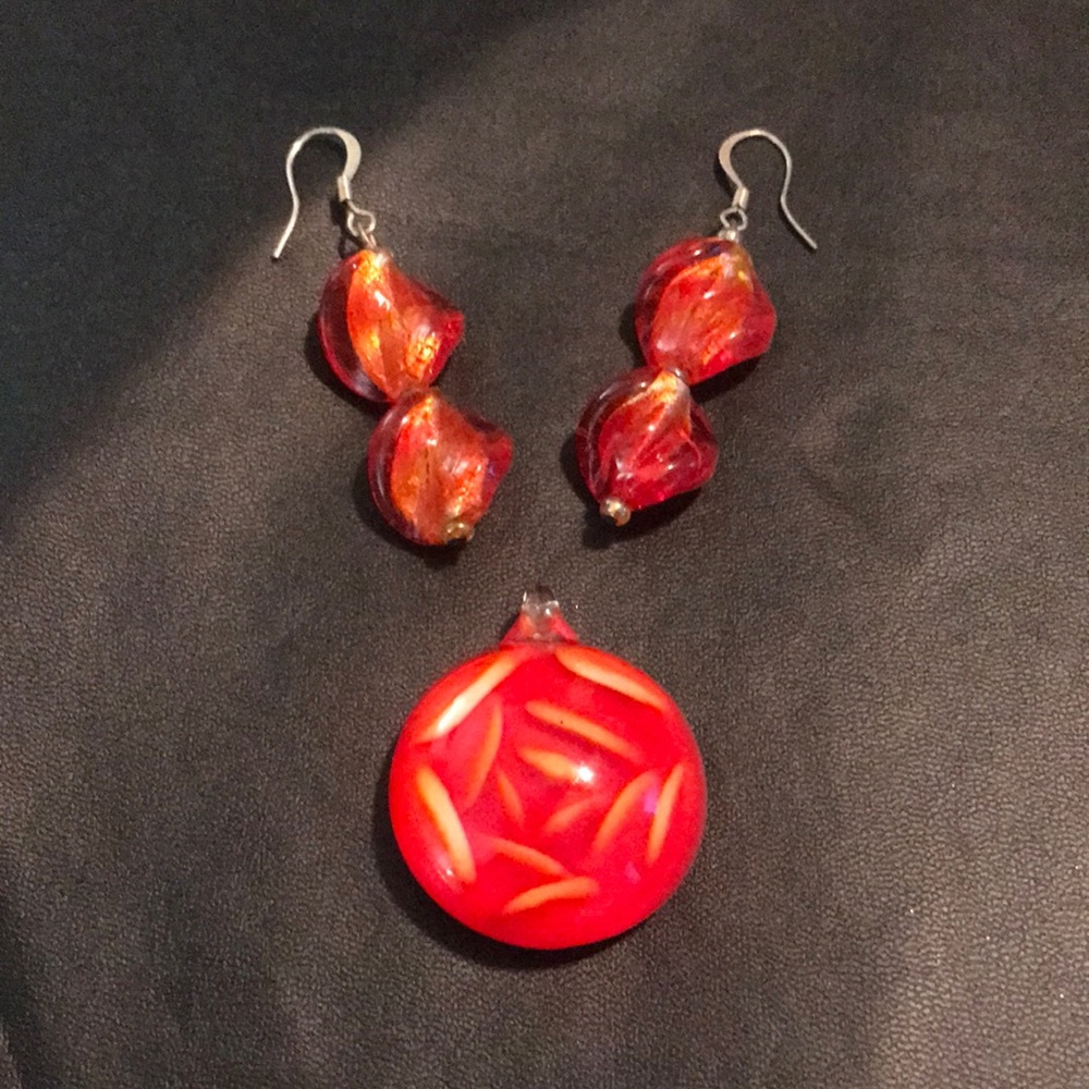 Handmade blown glass pendant &swirl glass beaded earrings. Fiery red,orange&gold